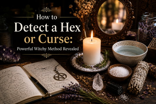 Witchy protection altar with a white candle, bowl of water, sea salt, crystals, herbs, sage, and ritual journal illustrating how to detect a hex or curse using a powerful spiritual method.