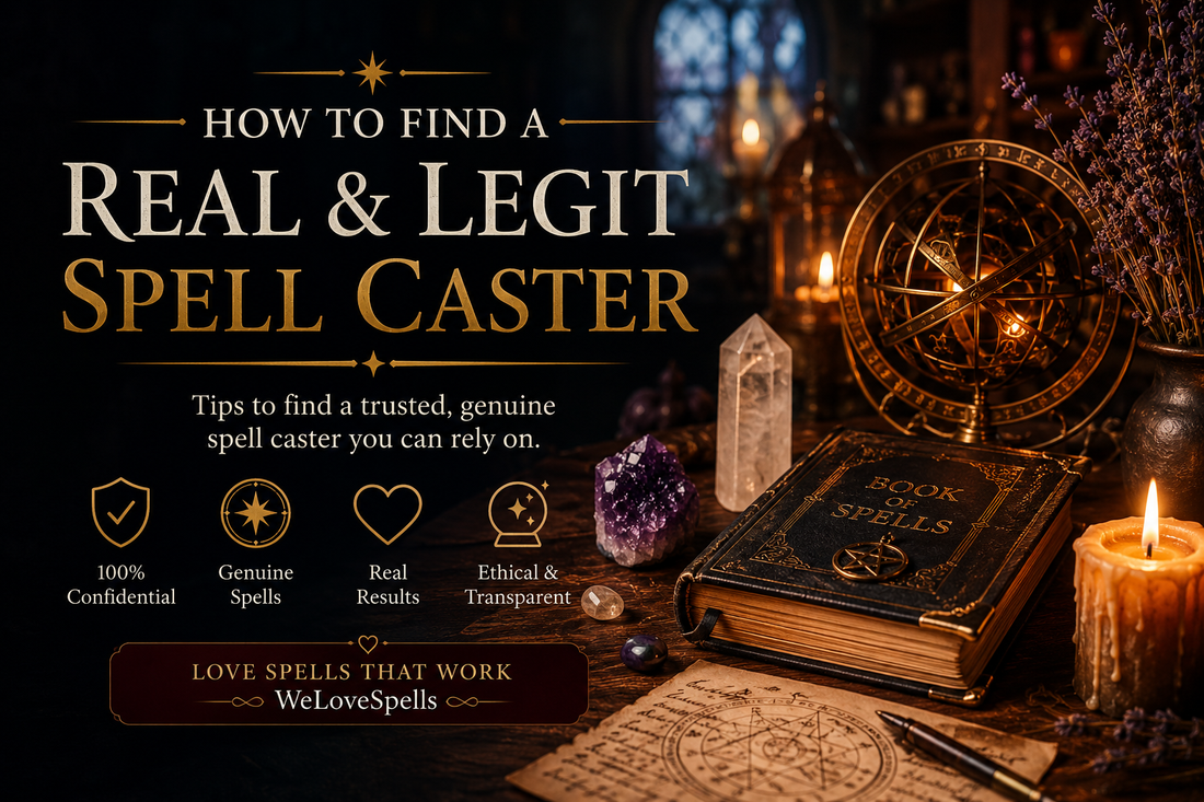 Real and legit spell caster guide with candles, crystals, and spell book for finding a trusted genuine spell caster online.