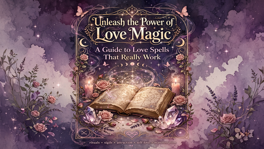 Love magic guide image with spell book, candles, roses, crystals, moon phases, and mystical purple background for love spells, attraction rituals, self-love, and manifestation.