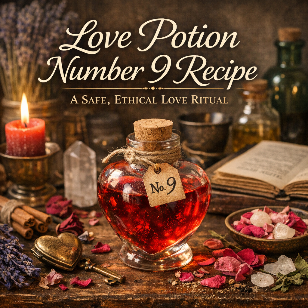 Love Potion Number 9 recipe featuring a red love elixir, candle, rose petals, crystals and ritual herbs.