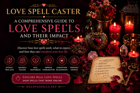 Love spell caster guide with red candles, roses, crystals, and ritual tools explaining love spells and their impact by We Love Spells.