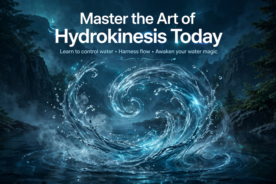 Master the art of hydrokinesis guide showing magical swirling water energy over a mystical river landscape