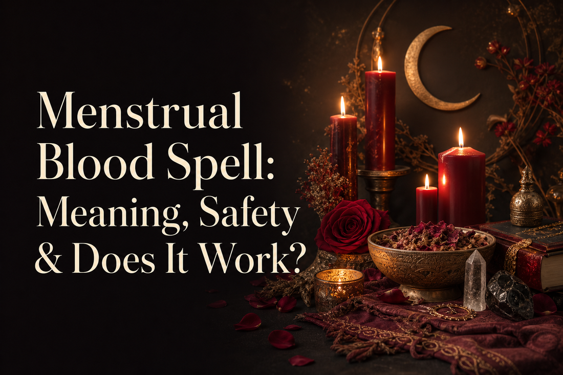Red candles and a crescent moon on a ritual altar for a guide to menstrual blood spell meaning and safety.