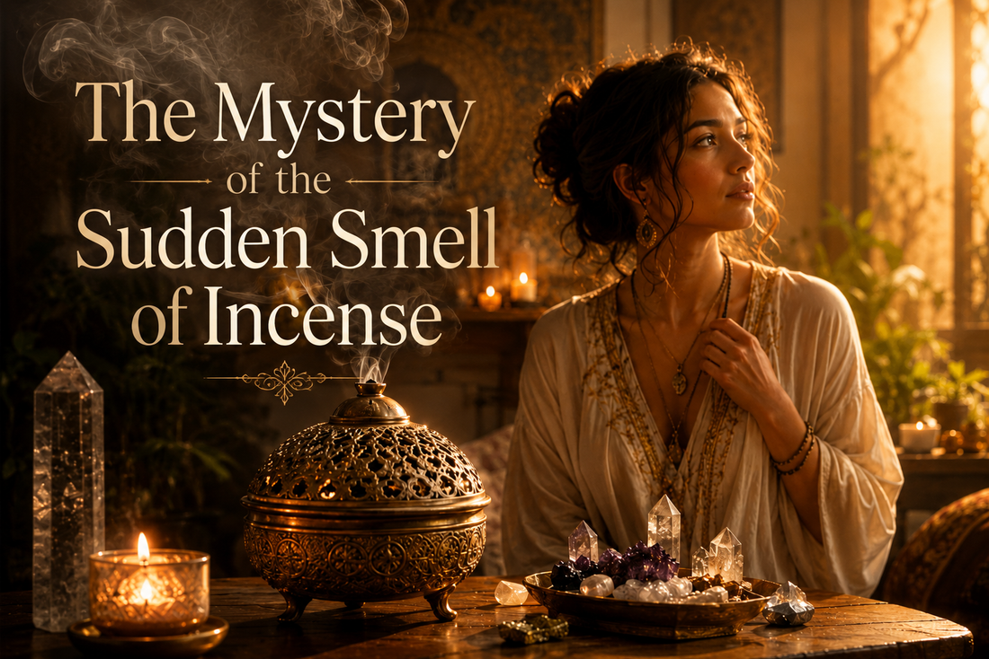 Mystical incense smoke rising from a ritual burner with candles and crystals, showing the spiritual meaning of the sudden smell of incense.