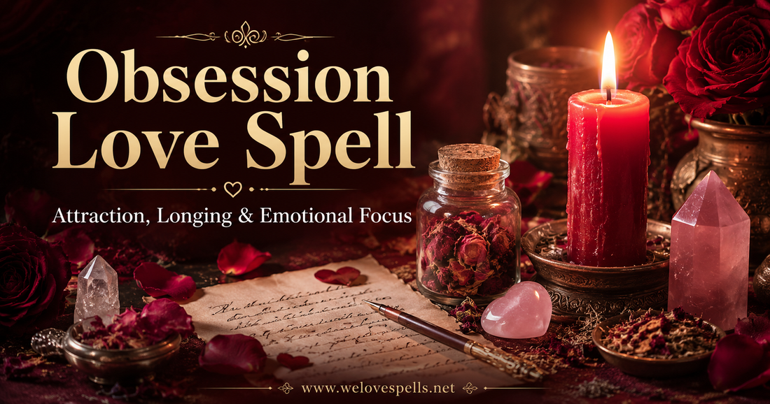 Obsession Love Spell ritual altar with a burning red candle, rose petals, crystals, herbs, and handwritten petition paper for attraction, longing, and emotional focus.