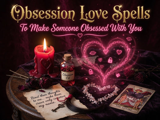 Obsession love spell ritual setup with red candle, rose petals, crystals, tarot card, and pink heart energy for intense love intentions.