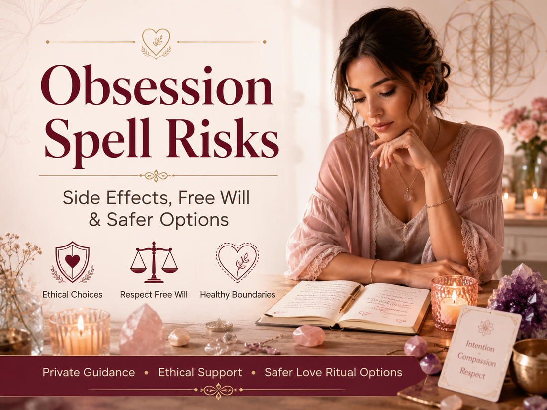 Trust-building blog image for Obsession Spell Risks: Side Effects, Free Will and Safer Options, showing ethical love ritual guidance, candles, crystals, a journal, and symbols for healthy boundaries and respectful spiritual support.