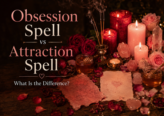 Warm candlelit altar showing obsession spell vs attraction spell with red and pink candles, roses, honey jars, crystals, parchment papers, and incense smoke.