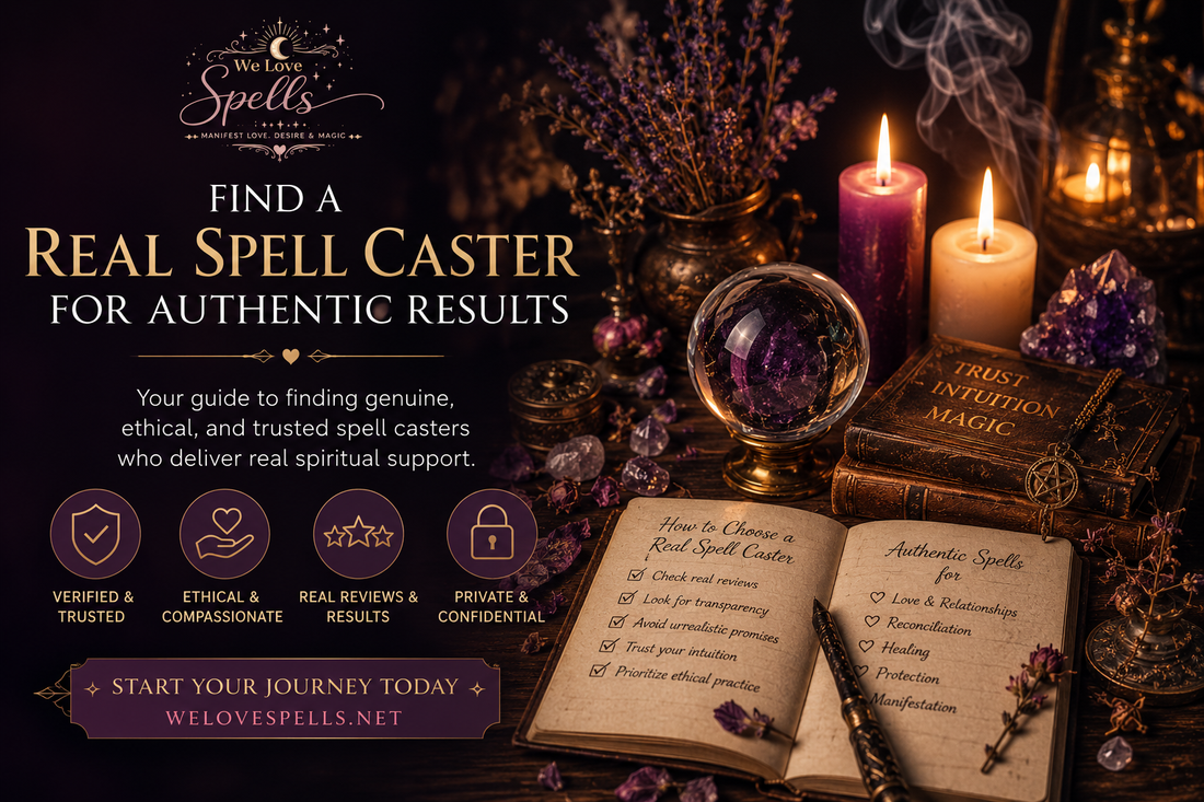 Real spell casters online guide featuring candles, crystals, ritual tools, and ethical spiritual support by We Love Spells.