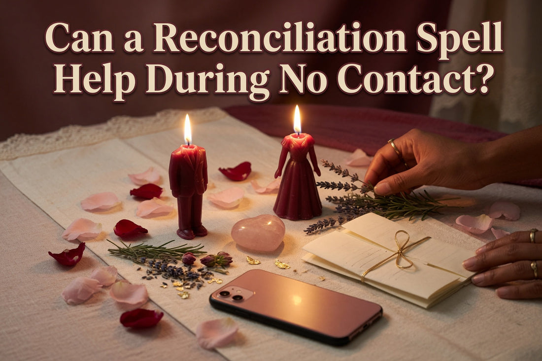 Reconciliation spell during no contact shown with separated candles, a silent phone, rose quartz and a private healing ritual altar