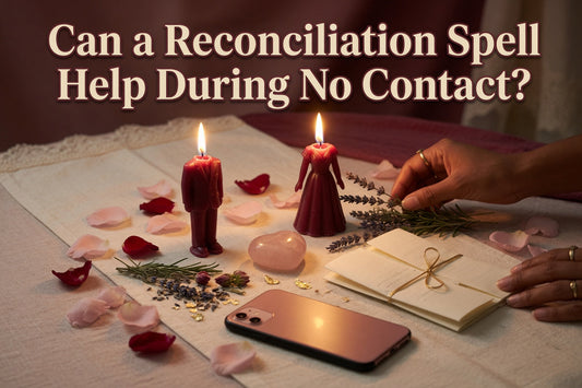 Reconciliation spell during no contact shown with separated candles, a silent phone, rose quartz and a private healing ritual altar