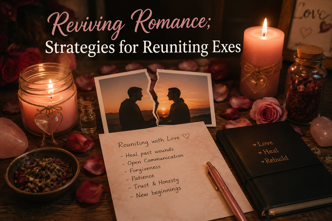 Reviving romance strategies for reuniting exes with candles, rose petals, handwritten notes, crystals, and a romantic relationship healing altar