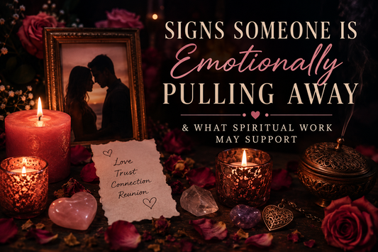 Romantic candlelit altar with roses, crystals, incense, framed couple silhouette, and relationship healing symbols illustrating signs someone is emotionally pulling away and a relationship feeling distant.