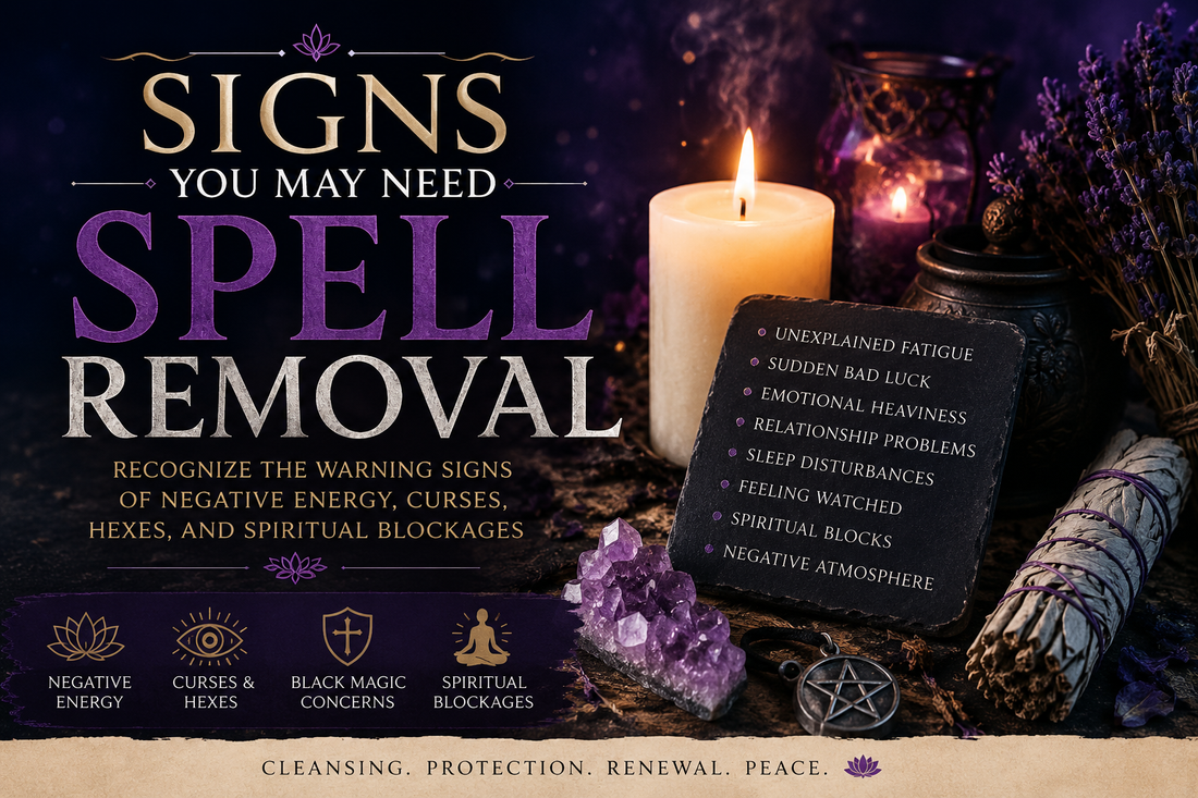 Signs you may need spell removal, including negative energy, curse concerns, emotional heaviness, spiritual blocks, and protection support.