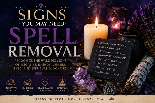 Signs you may need spell removal, including negative energy, curse concerns, emotional heaviness, spiritual blocks, and protection support.