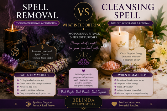 Spell removal vs cleansing spell comparison showing the difference between spiritual removal, energy cleansing, protection, and Belinda’s ritual support.