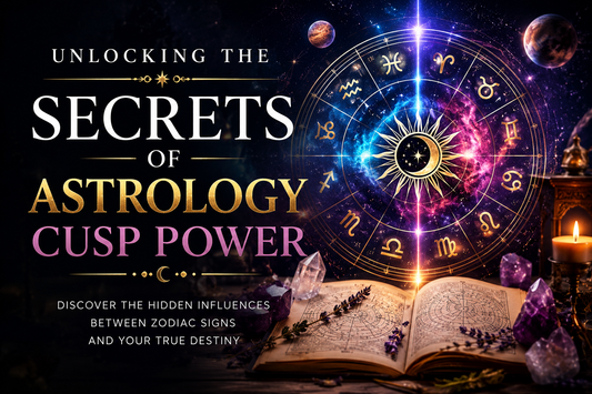 Unlocking the Secrets of Astrology Cusp Power blog image with zodiac wheel, planets, crystals, candlelight and mystical astrology birth chart symbolism