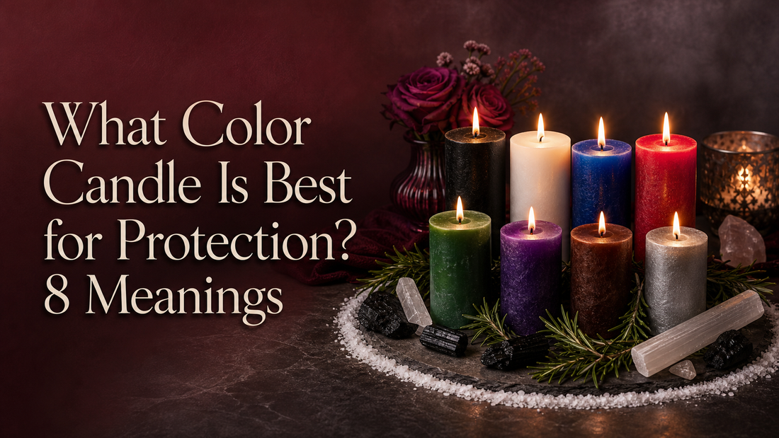 Eight protection candle colors with crystals, rosemary and a protective salt circle