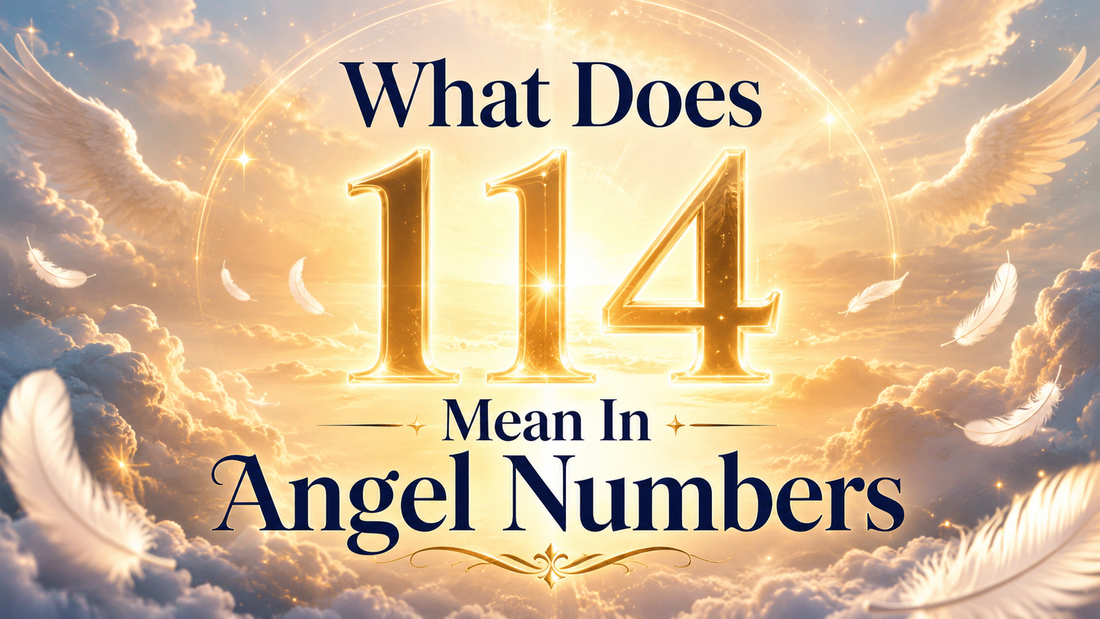 Golden angel number 114 with angel wings and heavenly light for the blog What Does 114 Mean In Angel Numbers