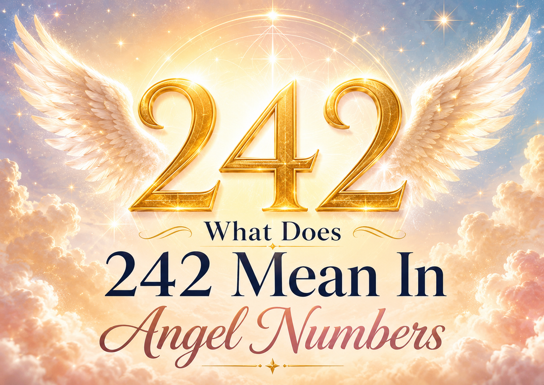 Golden angel number 242 with angel wings, glowing clouds, and the title What Does 242 Mean In Angel Numbers