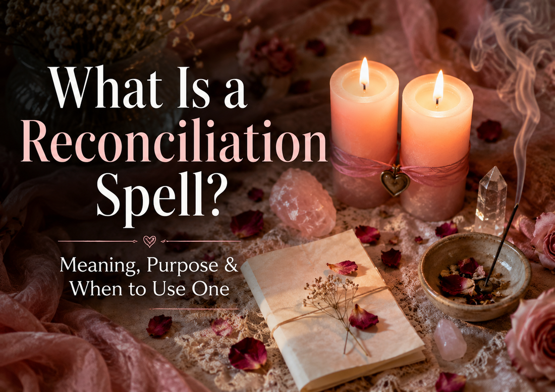 Romantic reconciliation spell altar with two candles, rose petals, crystals, incense smoke, and blog text about what a reconciliation spell means and when to use one.