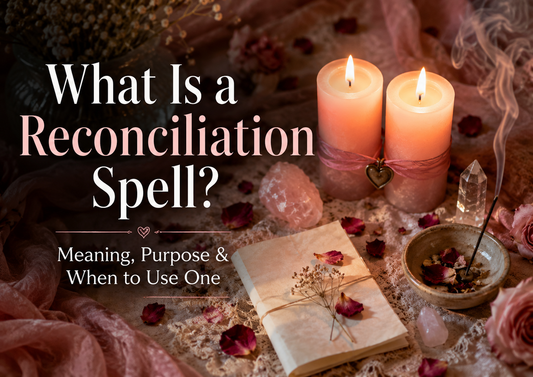 Romantic reconciliation spell altar with two candles, rose petals, crystals, incense smoke, and blog text about what a reconciliation spell means and when to use one.