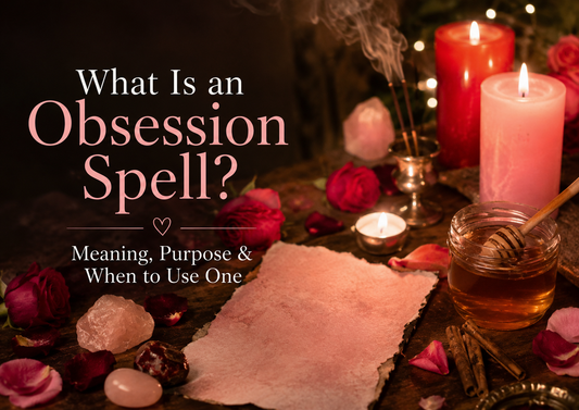 Warm candlelit obsession spell altar with red and pink candles, rose petals, honey, crystals, incense smoke, and the text What Is an Obsession Spell?