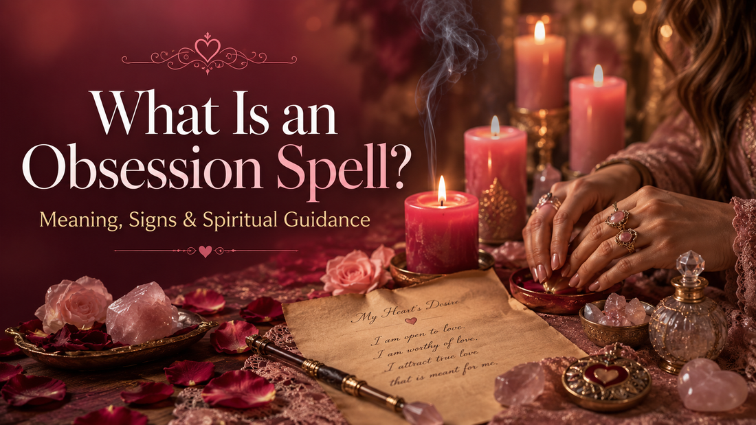 Romantic candlelit love spell altar with pink candles, rose petals, crystals, parchment, and text reading What Is an Obsession Spell?