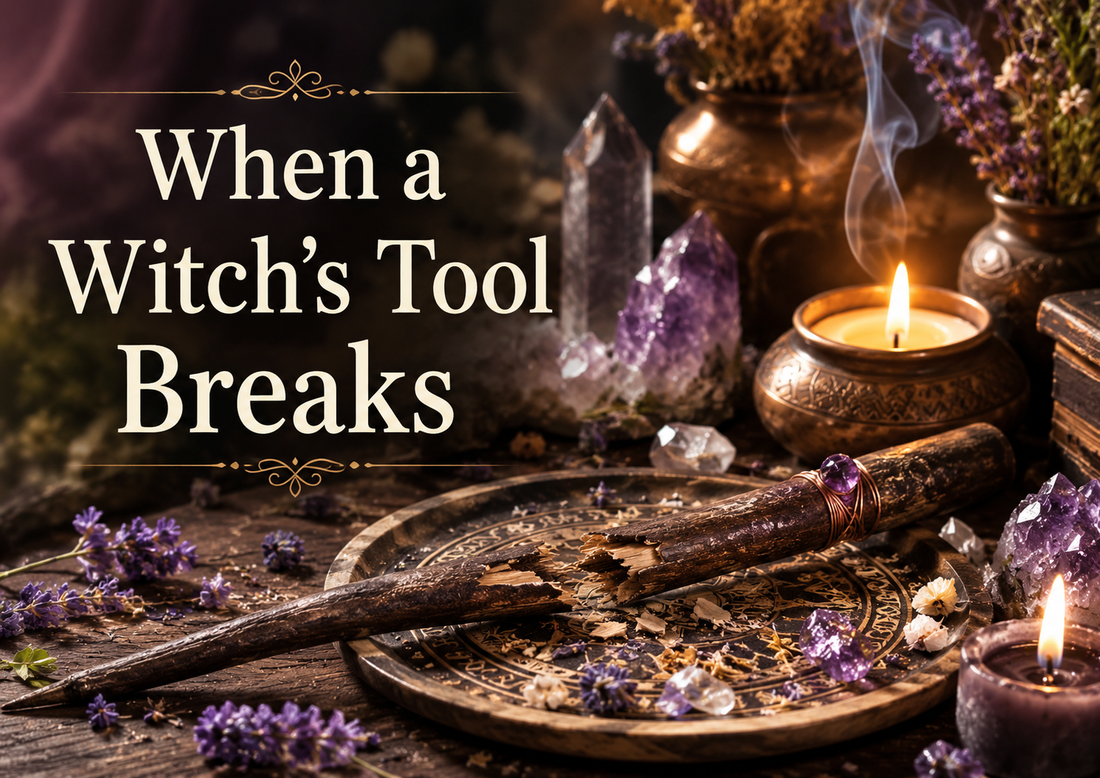 Broken witch tool on a ritual altar with candles and crystals, showing the spiritual meaning when a witch’s tool breaks
