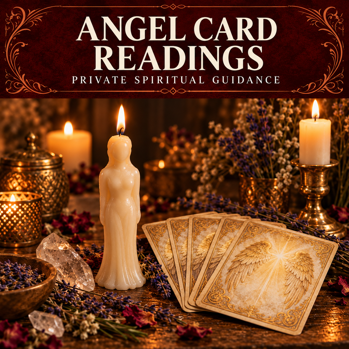 Angel Card Readings collection artwork with an ivory figure candle, angel-wing oracle cards, lavender and crystals.