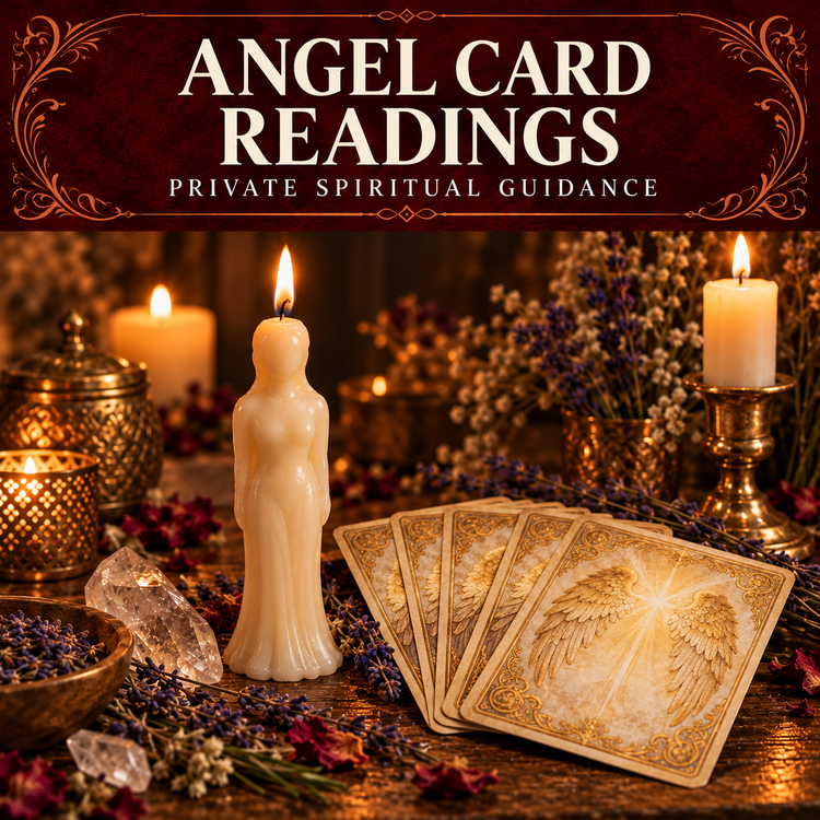 Angel Card Readings collection artwork with an ivory figure candle, angel-wing oracle cards, lavender and crystals.