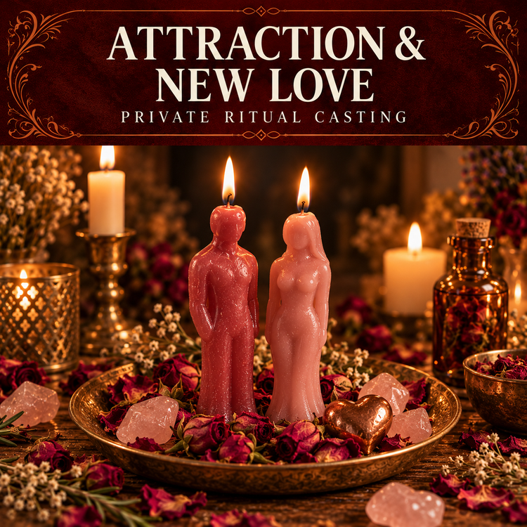 Attraction and New Love collection artwork with two pink figure candles, rose petals and rose quartz on a candlelit altar.