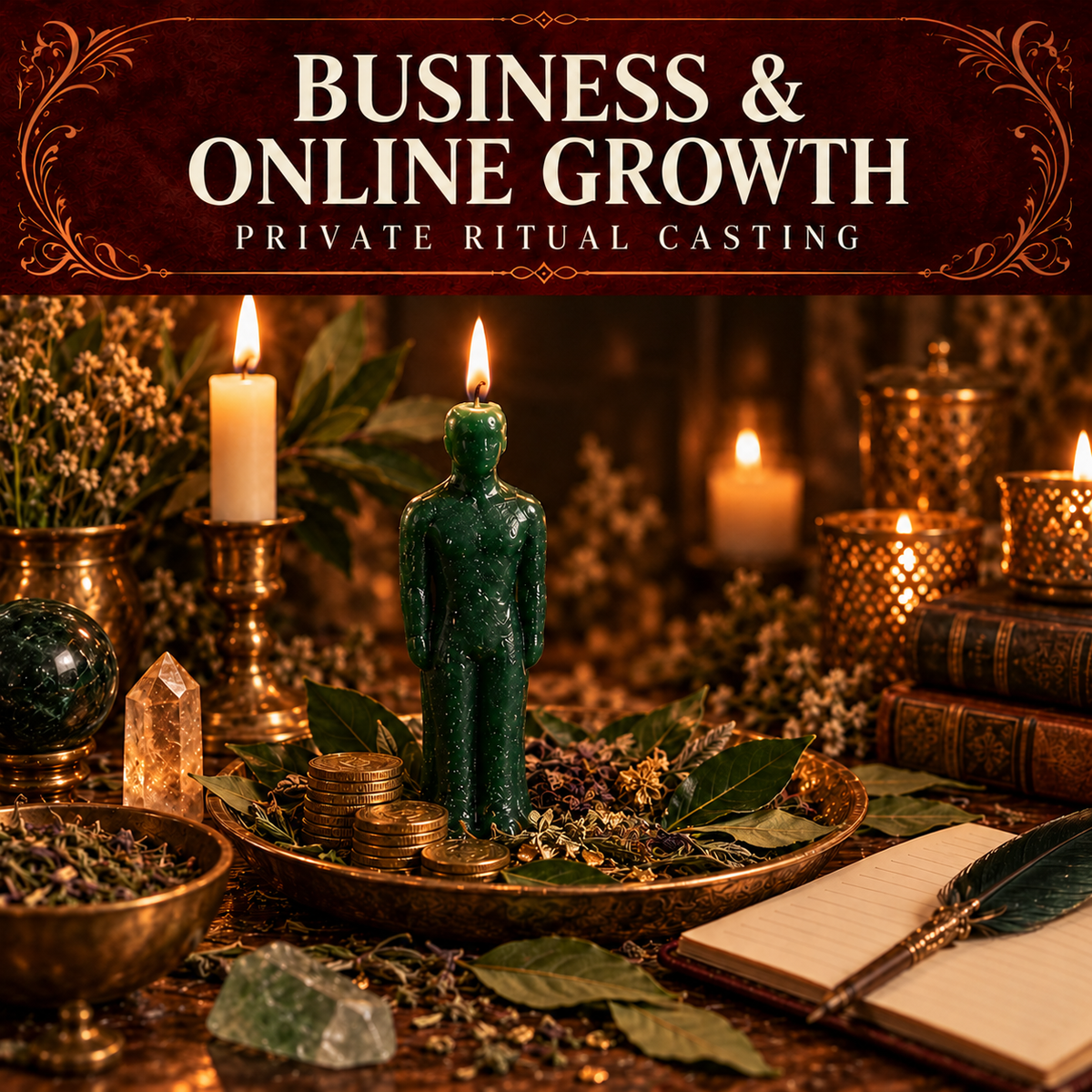 Business and Online Growth collection artwork with an emerald figure candle, brass coins, an open ledger and bay leaves.