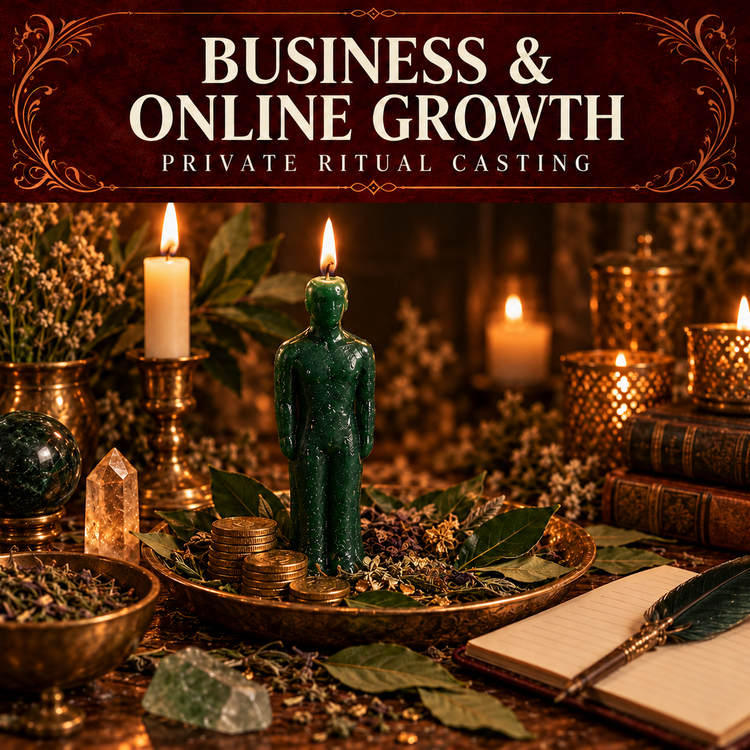 Business and Online Growth collection artwork with an emerald figure candle, brass coins, an open ledger and bay leaves.
