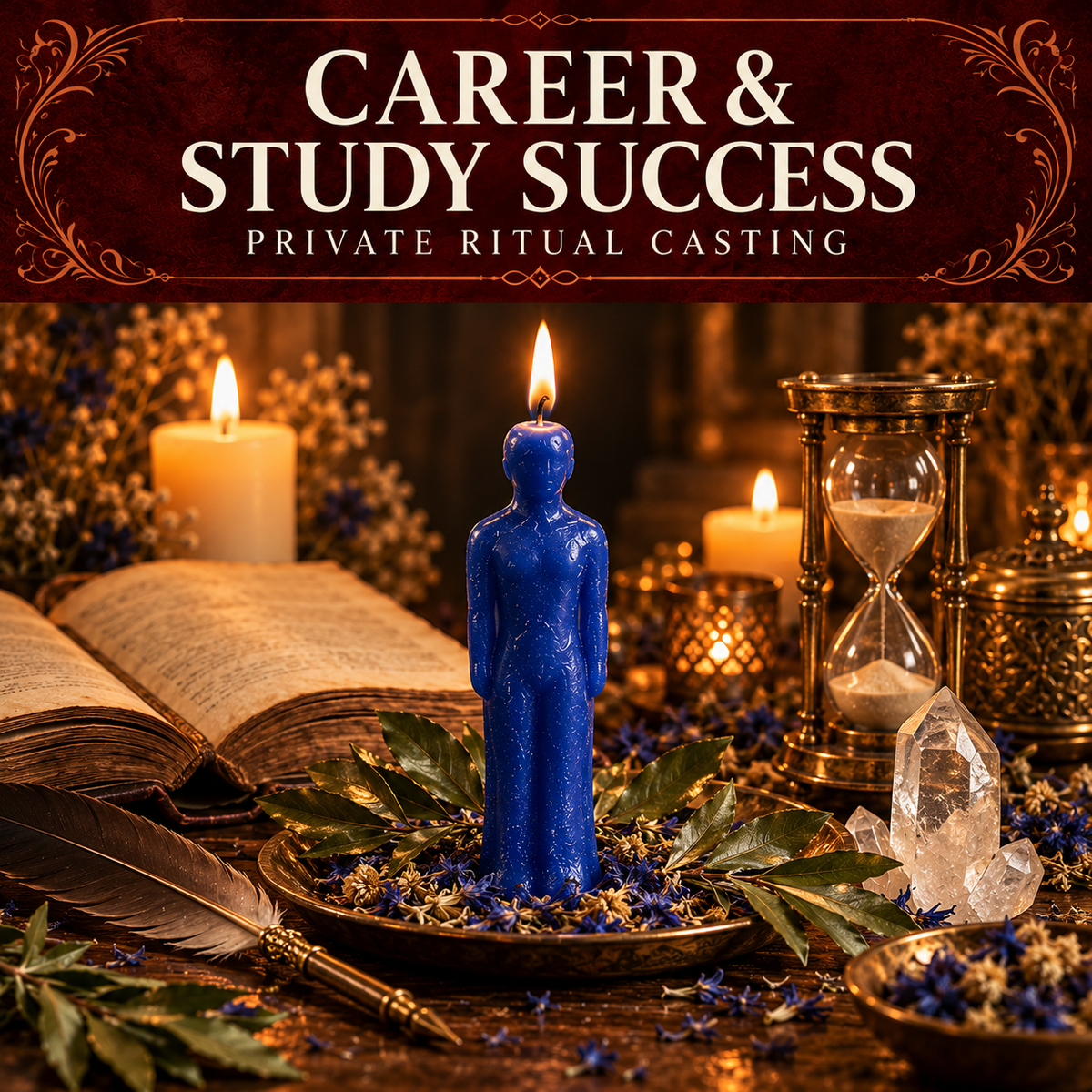 Career and Study Success collection artwork with a blue figure candle, open book, hourglass and clear quartz.
