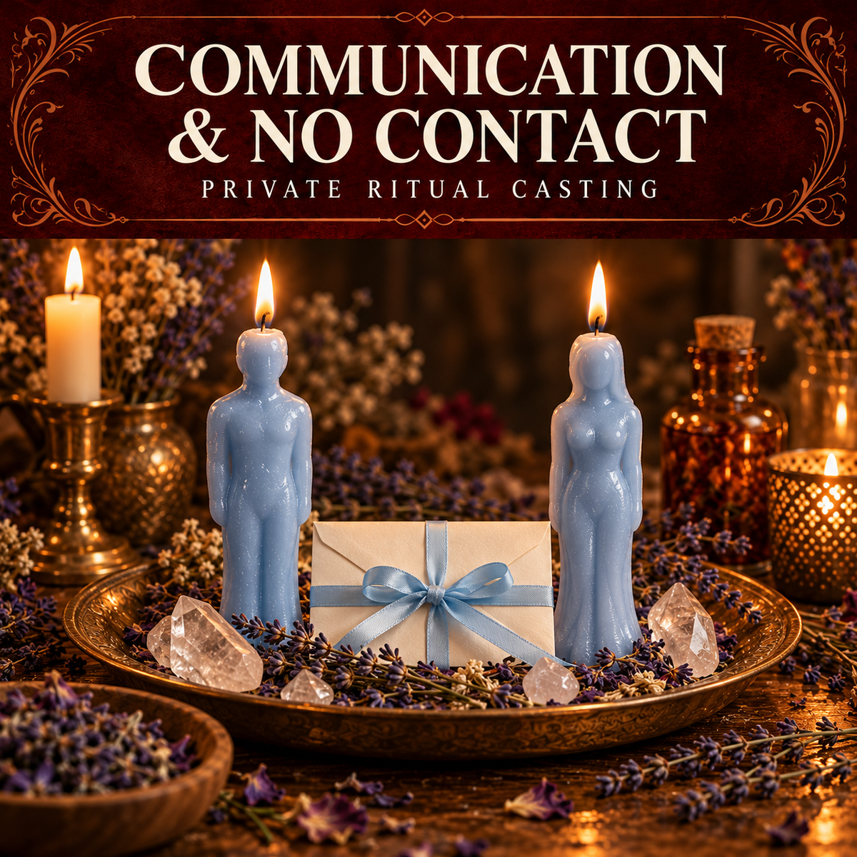 Communication and No Contact collection artwork with two blue figure candles, a sealed envelope, blue ribbon and crystals.