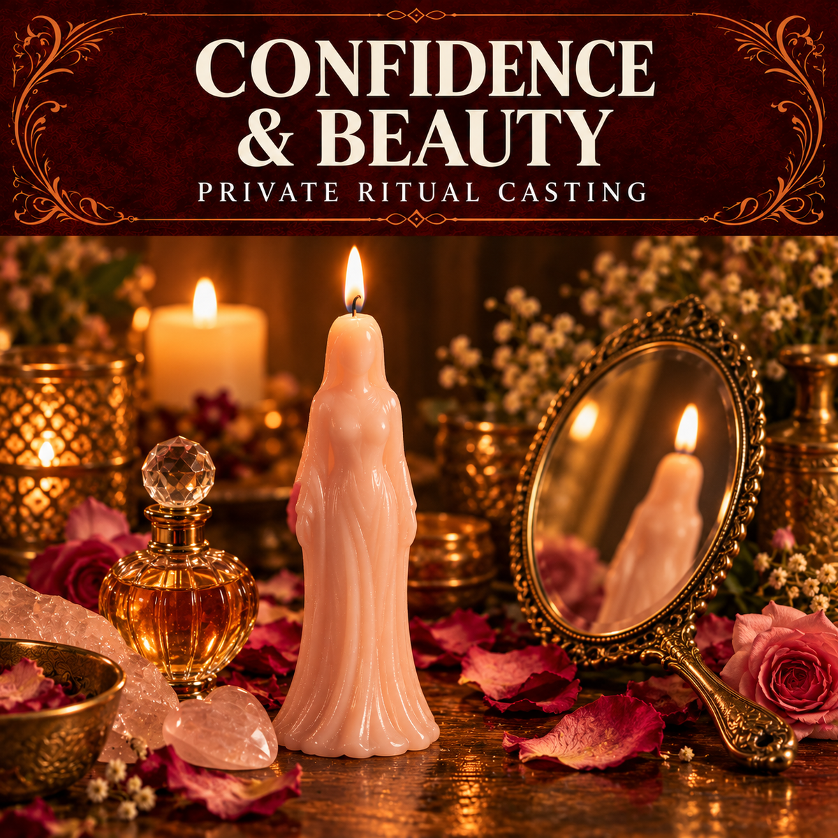 Confidence and Beauty collection artwork with a pink figure candle, antique mirror, rose petals and perfume bottle.