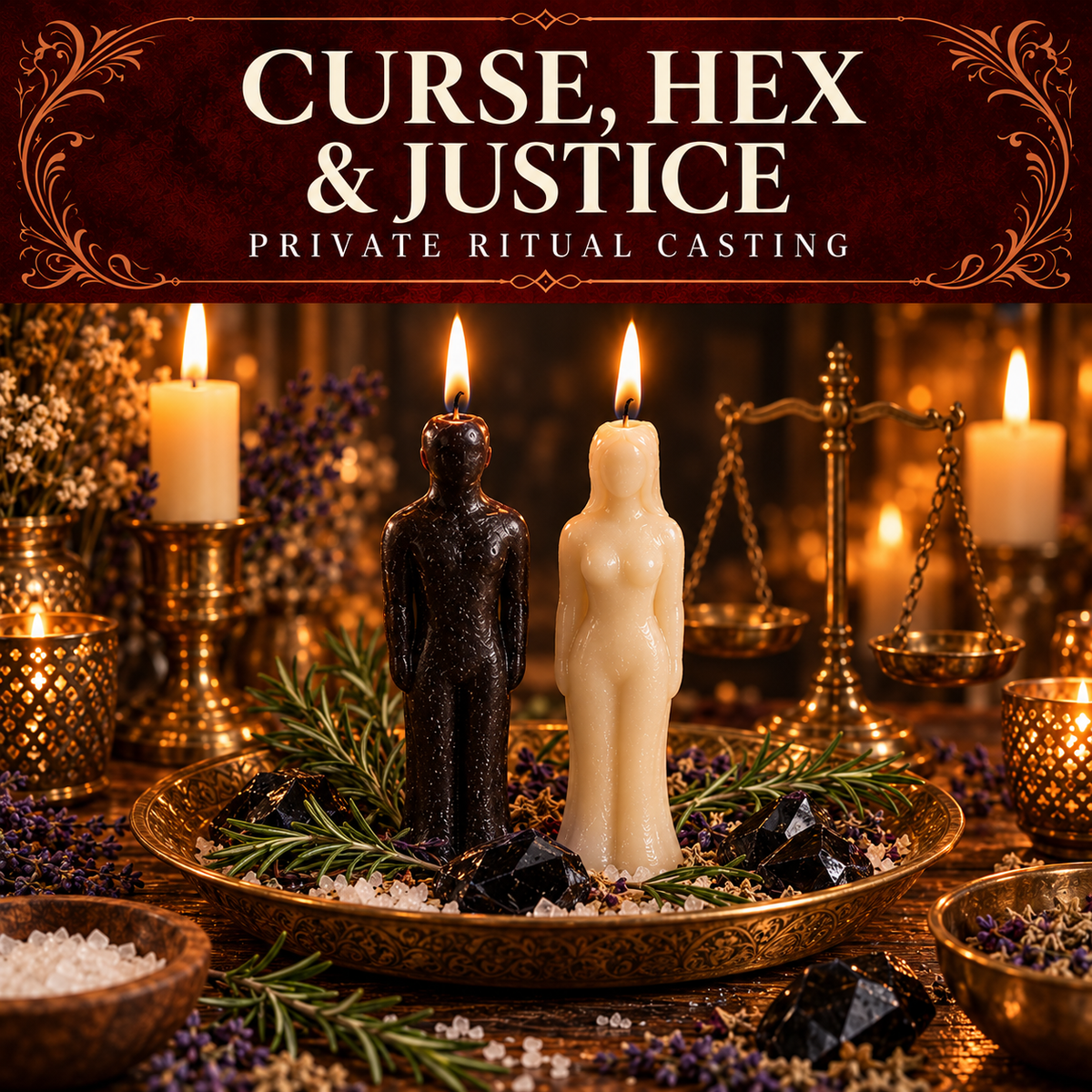 Curse, Hex and Justice collection artwork with black and ivory figure candles, brass scales, rosemary and salt.