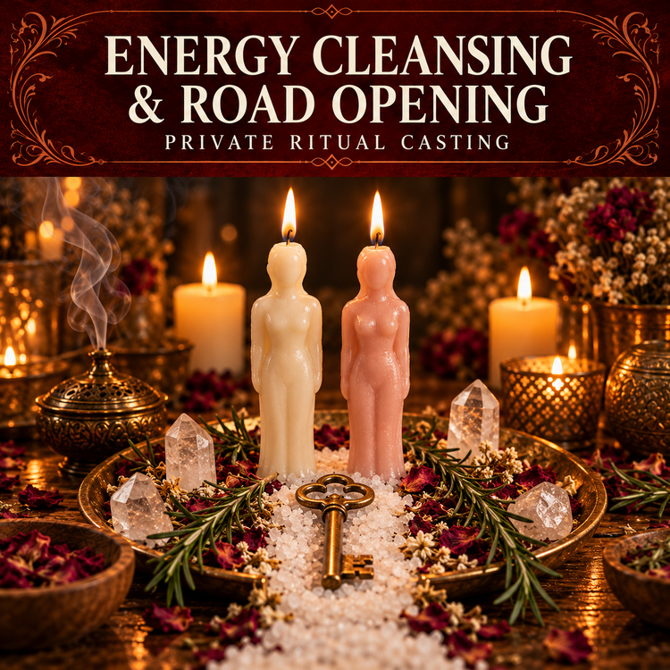 Energy Cleansing and Road Opening collection artwork with ivory and pink figure candles, an antique key, salt and crystals.
