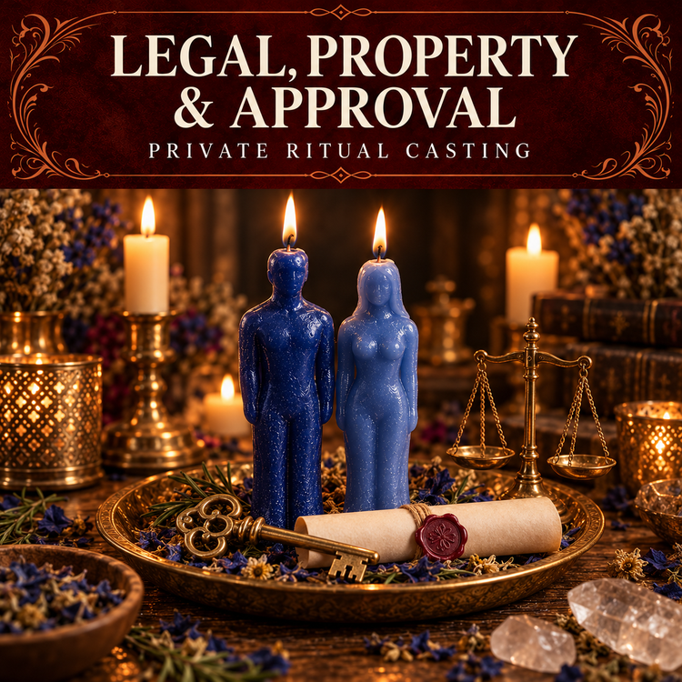 Legal, Property and Approval collection artwork with blue figure candles, a sealed scroll, antique key and brass scales.