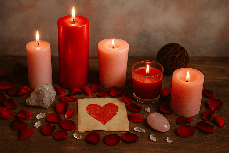 Black Friday Love Spells Collection – romantic red candle altar with heart symbol, featuring powerful attraction and relationship magic from We Love Spells.