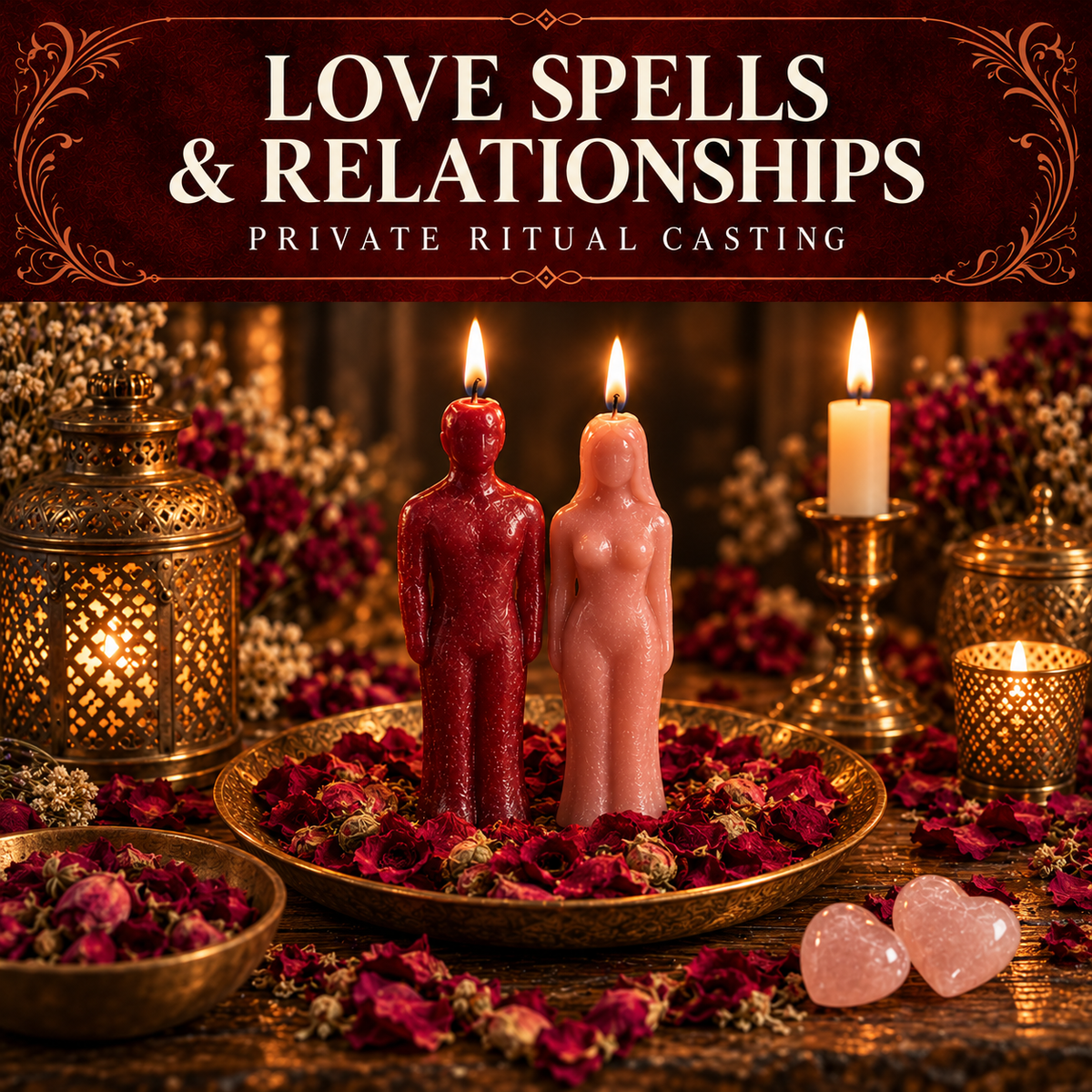 Love Spells and Relationships collection artwork with red and pink figure candles, rose petals and rose quartz.