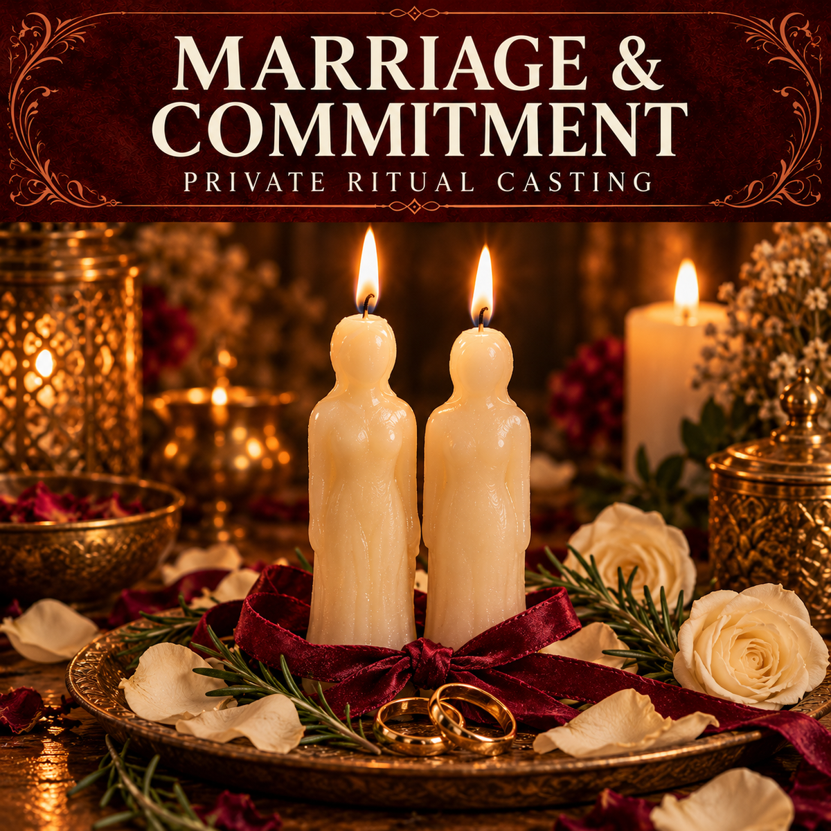 Marriage and Commitment collection artwork with two ivory figure candles, gold rings, burgundy ribbon and white roses.