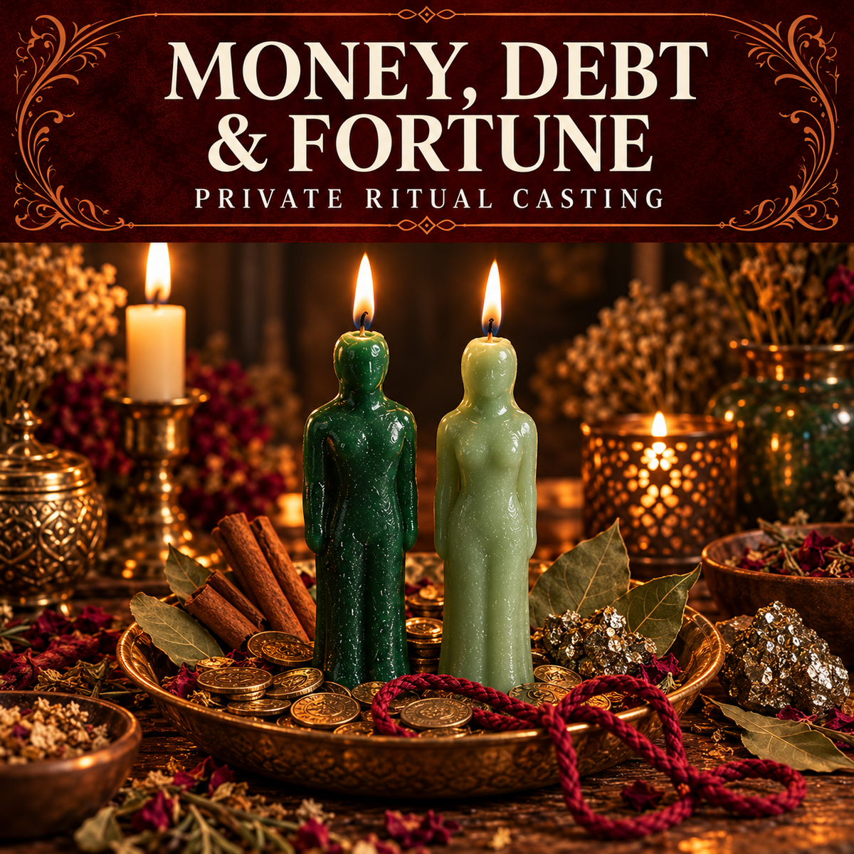 Money, Debt and Fortune collection artwork with green figure candles, coins, cinnamon, bay leaves and a burgundy cord.