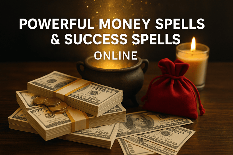 Black Friday Money Spells and Success Spells Collection – gold coins, cash, and candle altar symbolizing prosperity, luck, and financial abundance from We Love Spells.