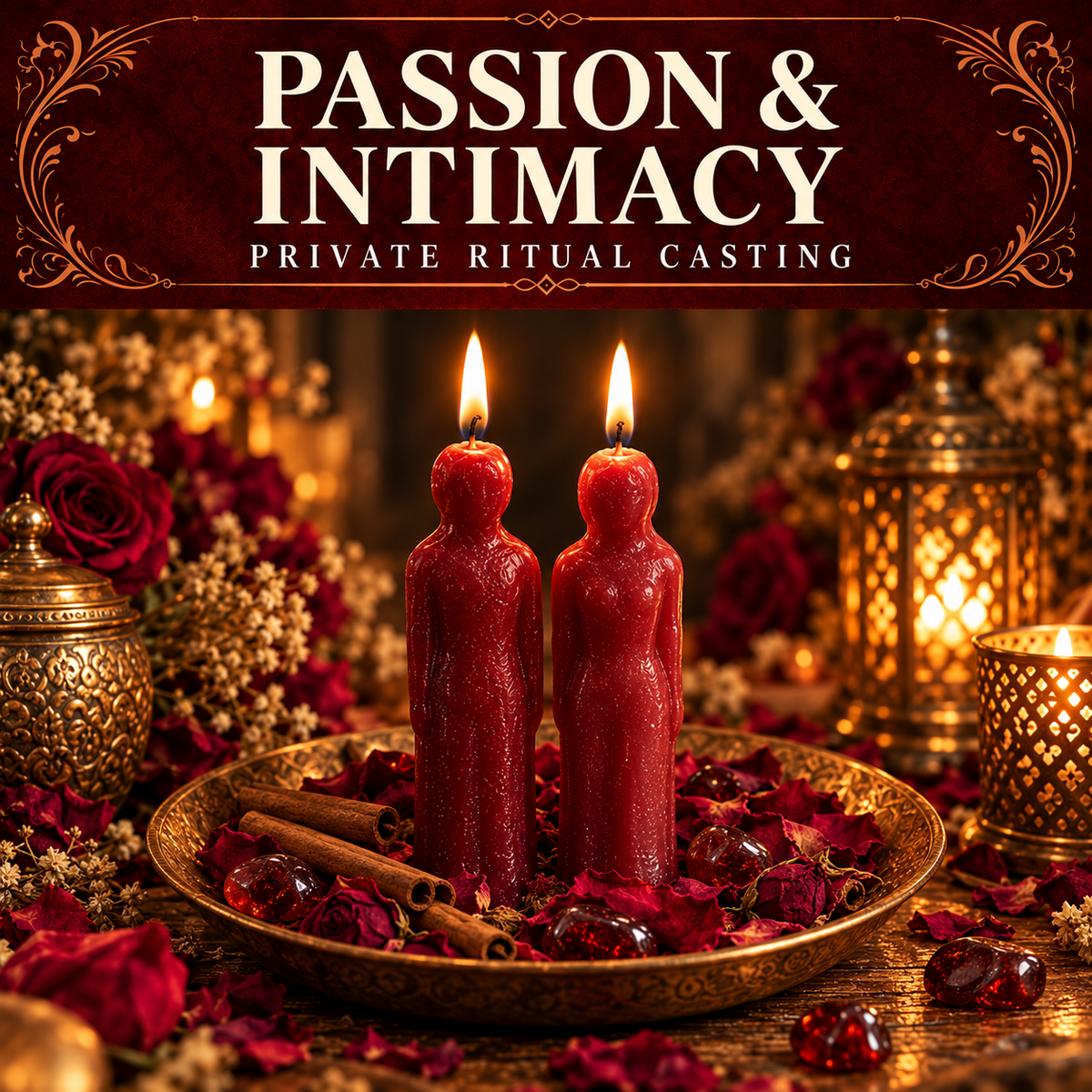 Passion and Intimacy collection artwork with two red figure candles, burgundy rose petals and warm candlelit lanterns.