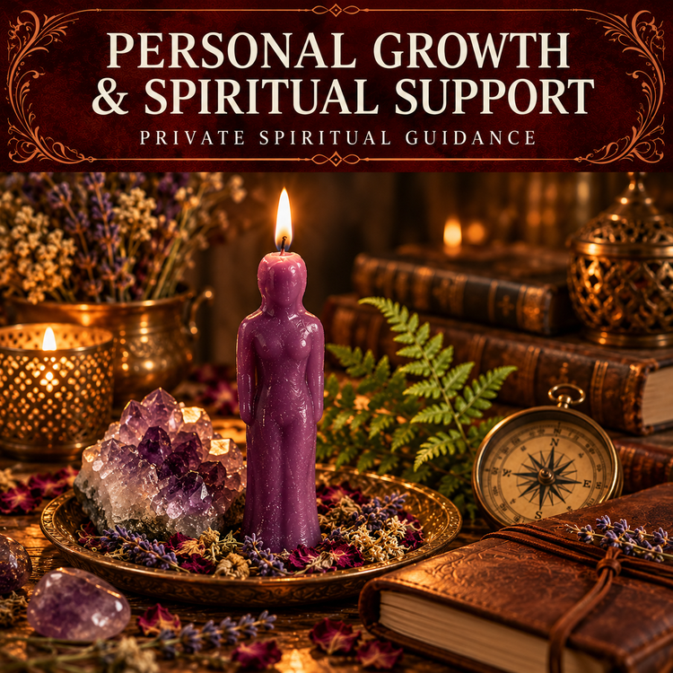 Personal Growth and Spiritual Support collection artwork with a violet figure candle, amethyst, fern, compass and journal.