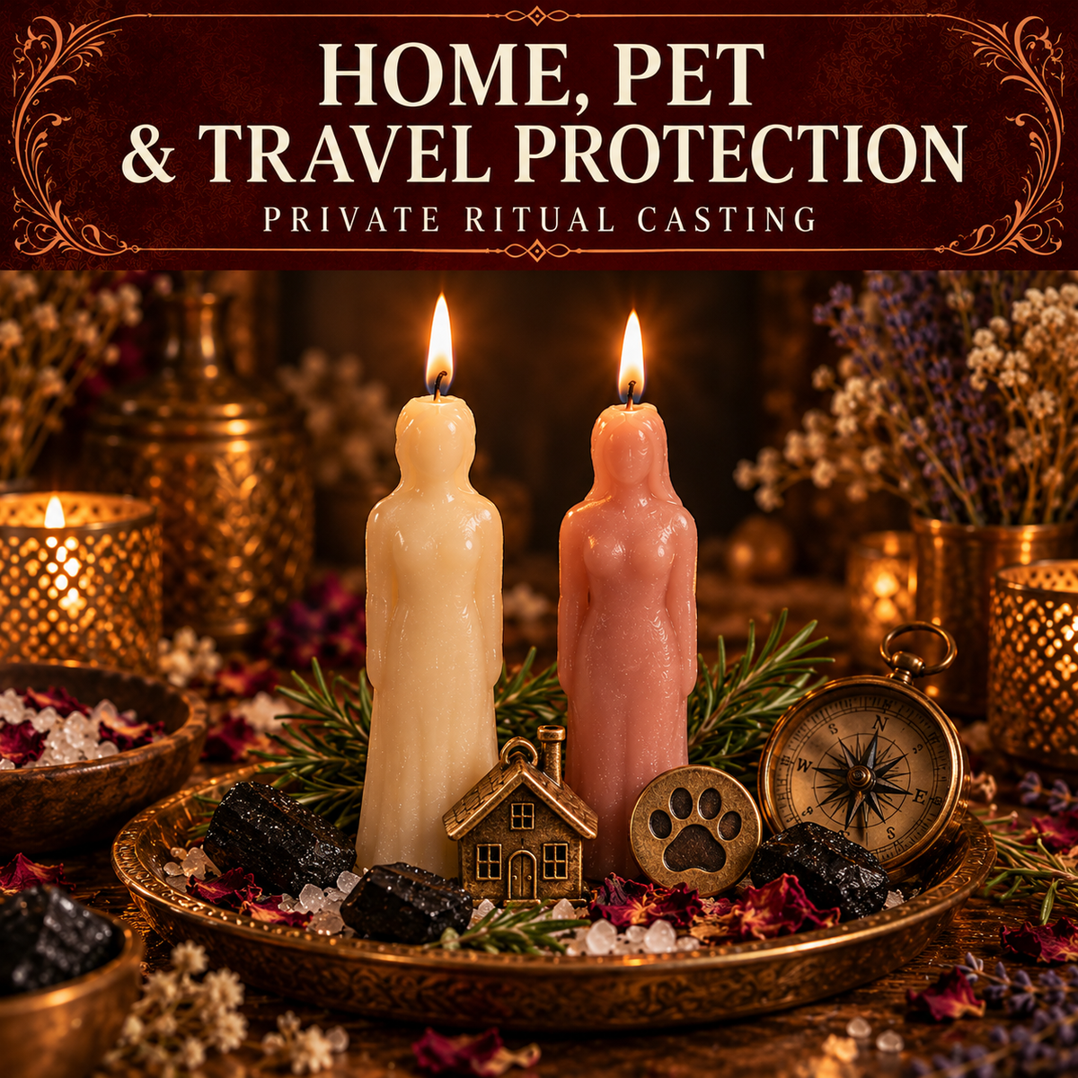 Home, Pet and Travel Protection collection artwork with ivory and pink figure candles, house charm, paw token and compass.