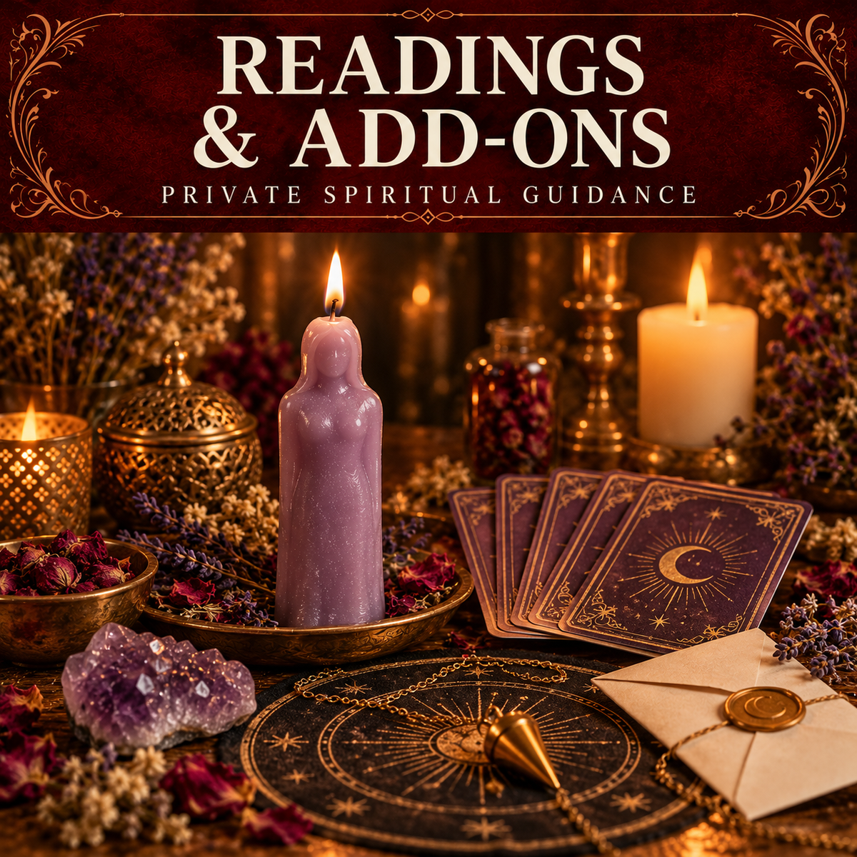 Readings and Add-ons collection artwork with a lilac figure candle, oracle cards, pendulum, amethyst and sealed note.