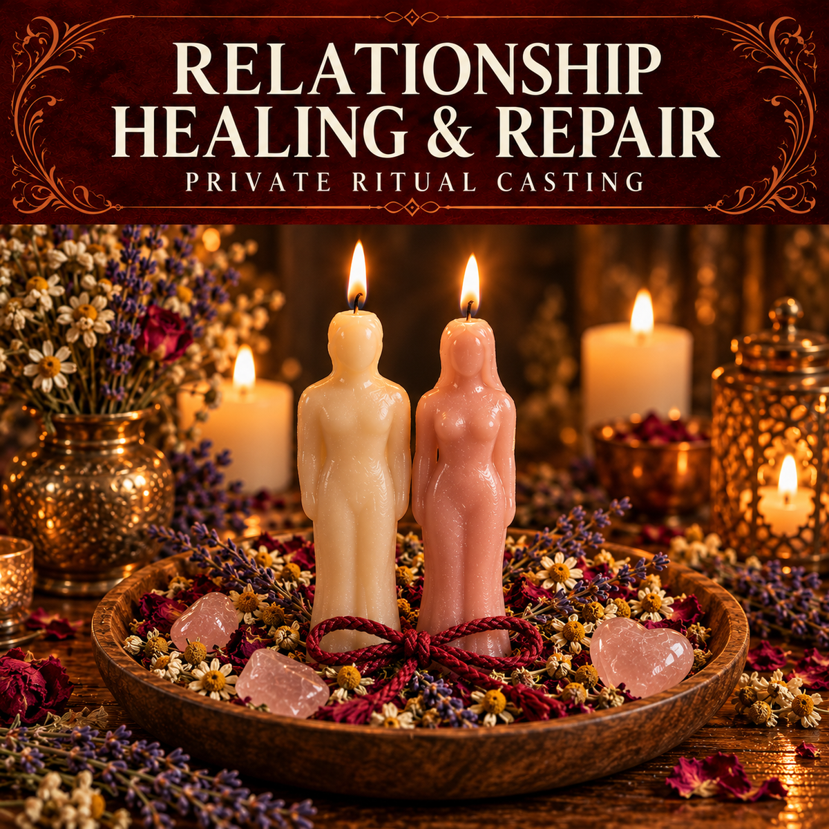 Relationship Healing and Repair collection artwork with ivory and pink figure candles, herbs, rose quartz and burgundy ribbon.